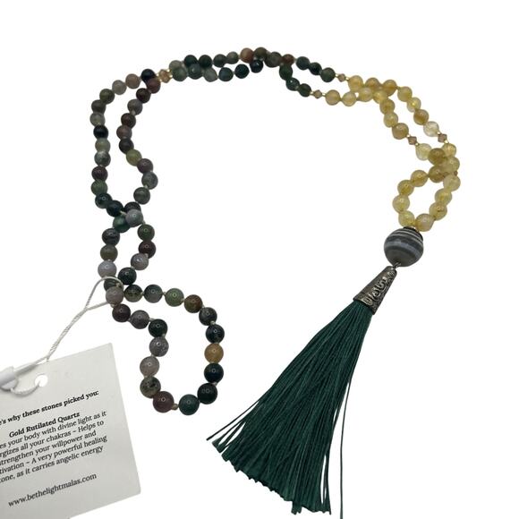 Gold Rutilated Quartz Mala Bead Healing Energy Necklace With Tassel - Picture 2 of 7